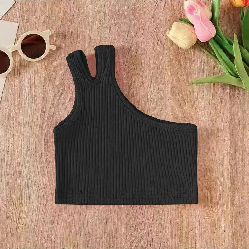 Kids Girls Camisole Tight Crop Tops Clothes Summer One-Shoulder Sleeveless Vests