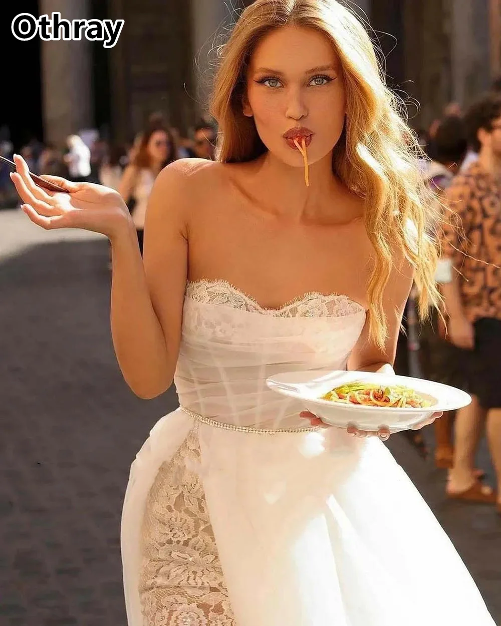 Othray Boheemse Kant Trouwjurken Sexy Hoge Split Een Lijn Bruid Jurk Afneembare Overrok Trein Boho Trouwjurk 2025