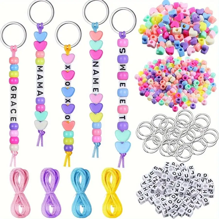 1/5/10/20/50/100pcs About s DIY Beaded Keychain Set - Adjustable Letter Heart-Shaped Bead Keychain Supplies, Assorted Color and