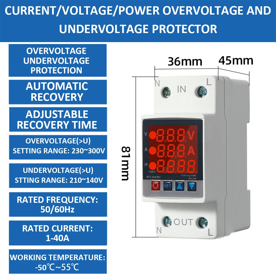 ABILKEEN AC220V Digital Display Circuit Over/Under Voltage Protector 1-40A/63A Single Phase Adjustable Circuit Protective Device