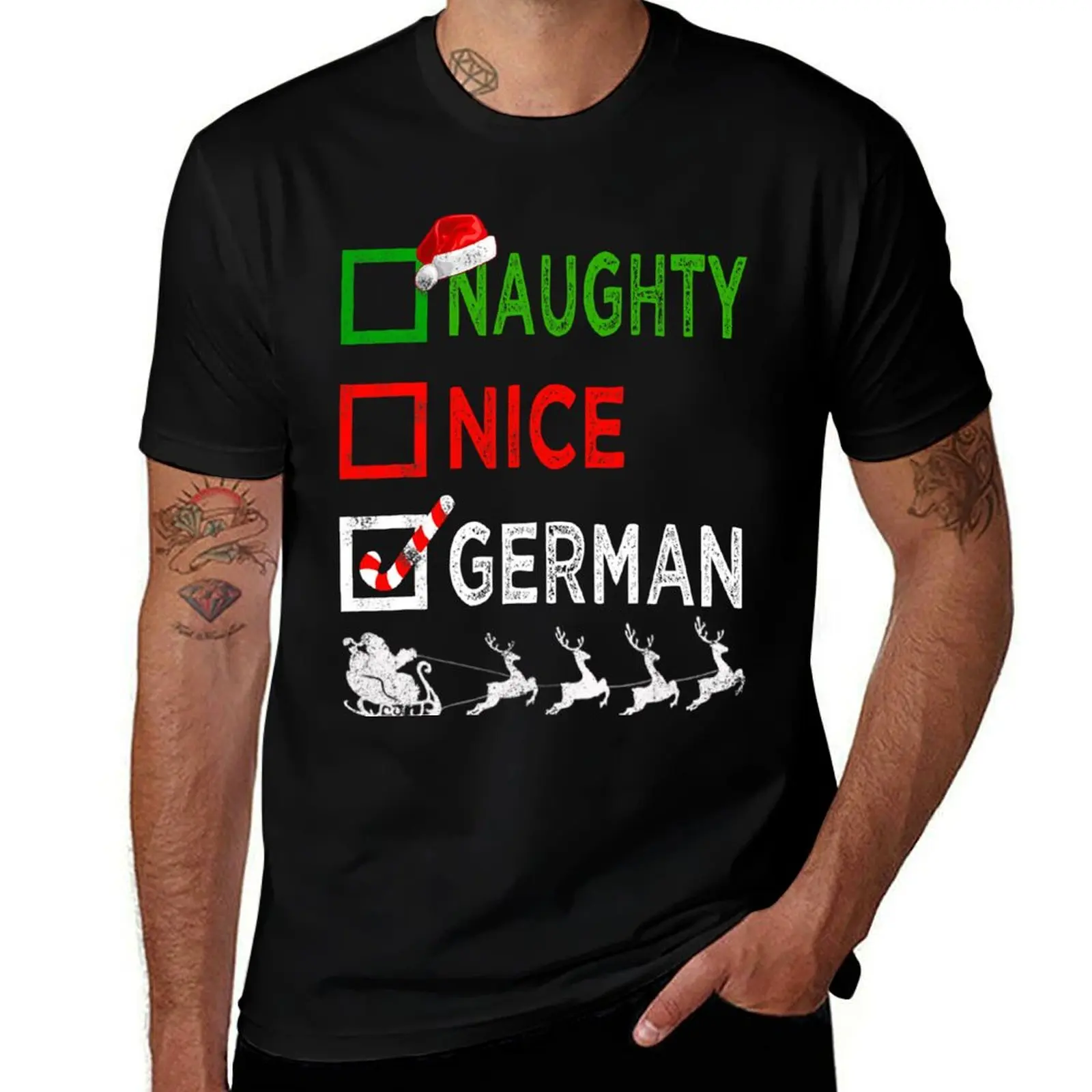 Naughty Nice German Christmas Pajamas Funny Santa Hat Xmas T-Shirt Large Size Basic Casual T-Shirt