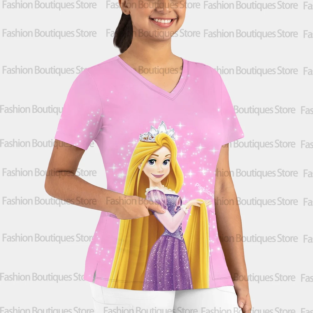 

Summer Playful Disney Rapunzel T-shirt 3D Print V-Neck Scrub Top Medical Short Sleeve Nurse Uniform with Pockets
