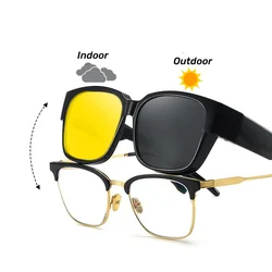 Men Night Vision Photochromic Sunglasses for Driving Women Myopia Sun Glasses Wear Over Retro Square UV Shades Fit Over Glasses