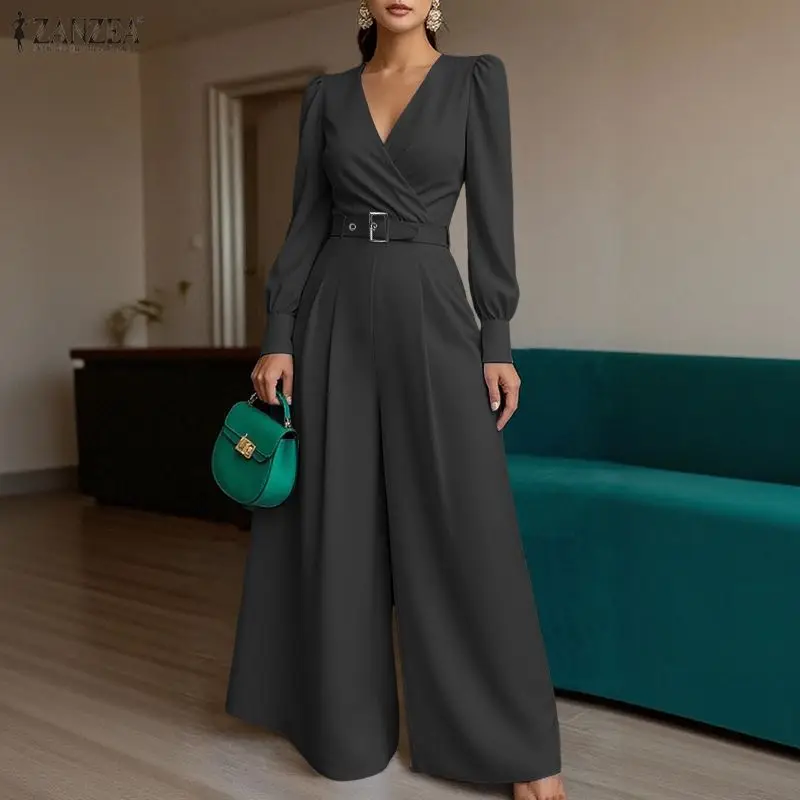 ZANZEA Fashion Women Jumpsuits Autumn Overalls Pants Wrap V-Neck Long Sleeve Belted Long Rompers Solid OL Work Wide Leg Trousers