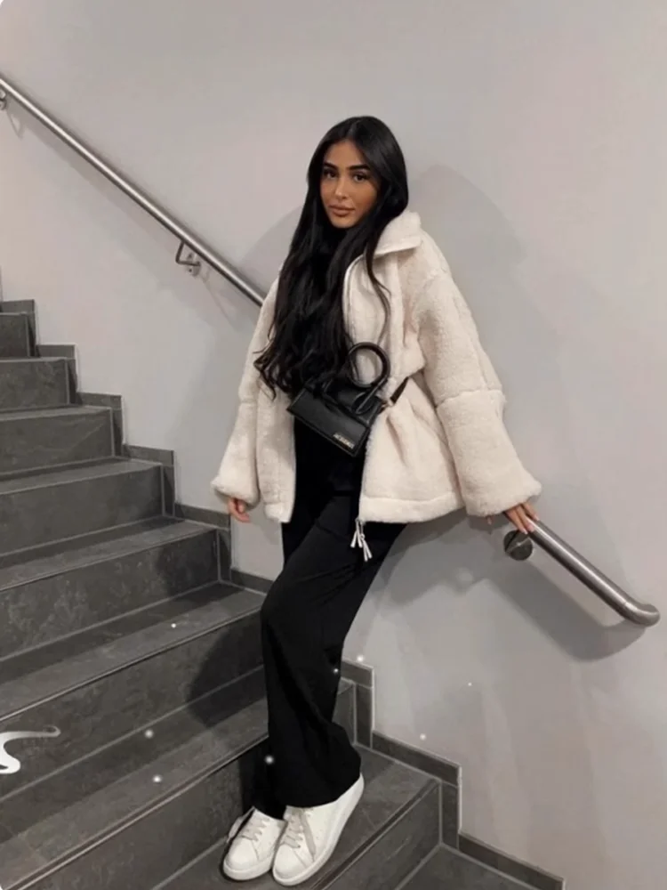 SIYANG Women Autumn Fashion Double Zipper Teddy Coat Female Side Patchwork Pockets Warm Jacket Ladies Casual Outerwear