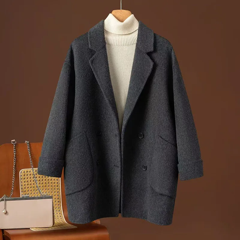 

Женское двустороннее шерстяное пальто: осенне-зимняя корейская свободная универсальная шерстяная куртка с отложным воротником, однотонная, простая модель