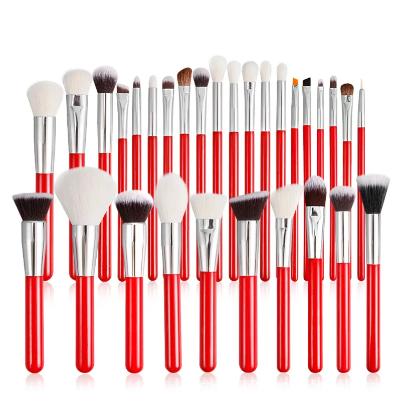 Conjunto de pincéis de maquiagem vermelhos, marca própria, 30 peças, pincéis profissionais de maquiagem, naturais e sintéticos, para base, pó, sombra 