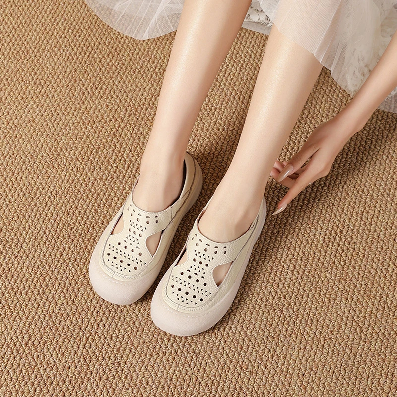 Mori Girl Perforierte Schuhe aus echtem Leder für Damen, faltbare Ballerinas mit Ausschnitt, klobige Loafer, gewellte, atmungsaktive Mokassins – Detail 7