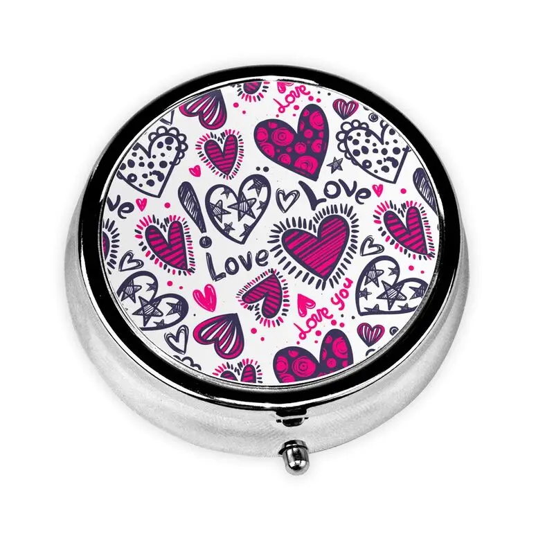 

Pink Red Love Hearts Pill Box Small Pill Organizer with 3 Compartments Cute Portable Travel Metal Pill Case for Pocket or Purse