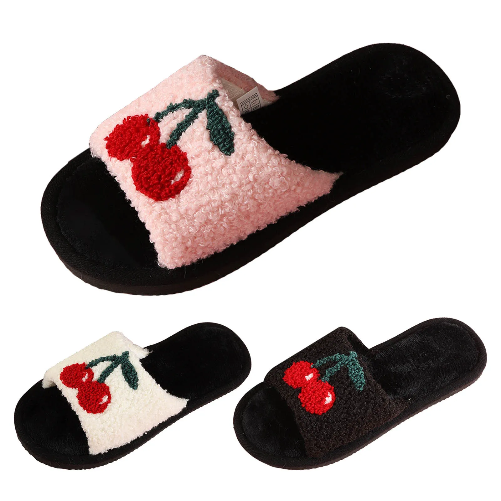 Cute Cherry Cotton Slippers Women Indoor Bedroom Soft Sole Non Slip Slides Woman Fluffy Plush Warm Winter Slippers For Indoor