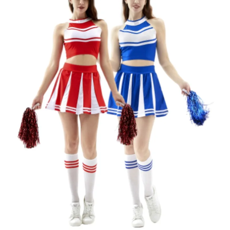 أزياء المشجع النسائية التأثيرية الزي الرسمي الوقوف طوق المحاصيل مع تنانير صغيرة مطوي كرنفال بدلة التشجيع #1