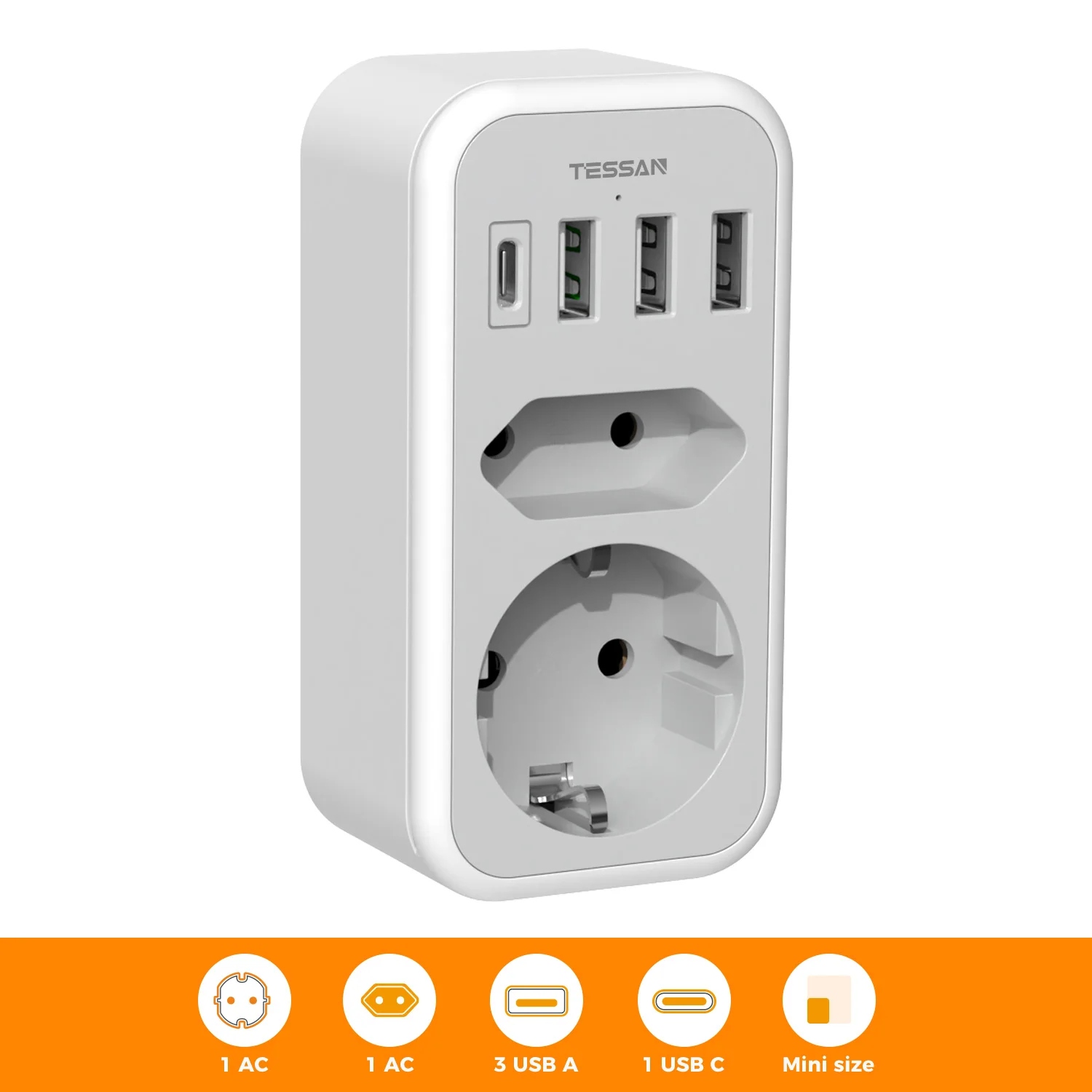 

Вертикальный удлинитель для настенной розетки TESSAN с 2 розетками переменного тока + 3 USB-портами + 1 адаптером питания Type C EU с защитой от перегрузки для дома