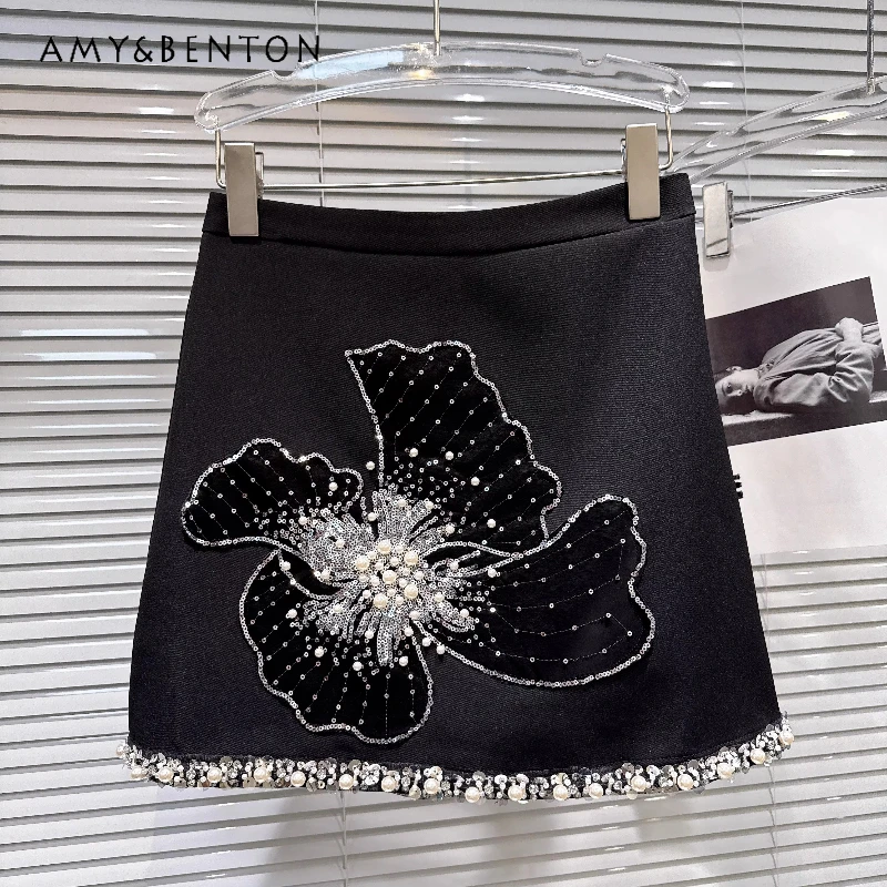 

French Design Women's Clothing 2026 Summer New Heavy Industry Knitted Beaded Sequin Embroidered Floral Mini Short A-line Skirts