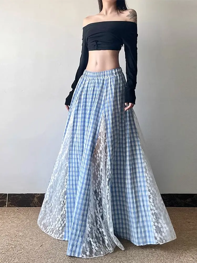 

Elegant Lace Patchwork Plaid Skirt Women Fairycore Sweet Vintage Long Skirts Korean Style Retro A-line Ruffle Skirts