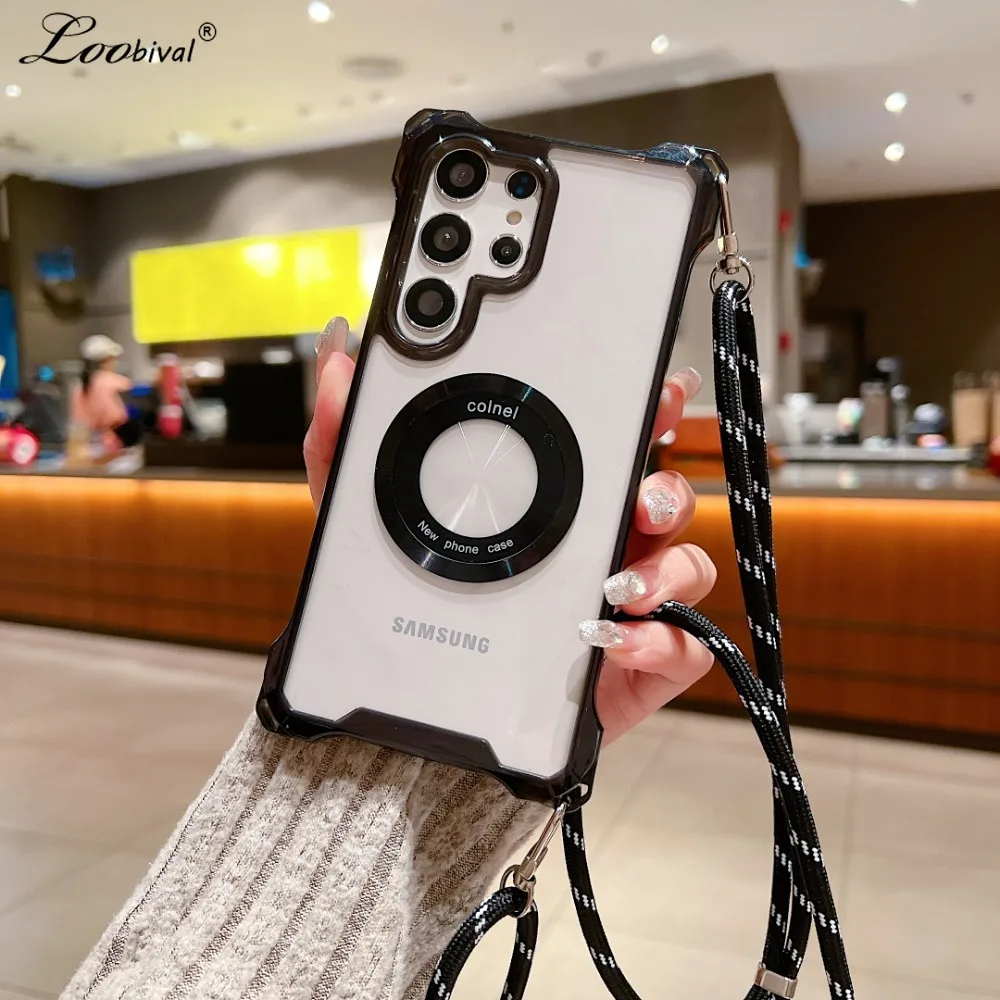 for Magsafe Crossbody Transparent Case for Samsung Galaxy S24 Ultra S23 Plus S24Ultra Necklace Lanyard Shockproof Acrylic Cover