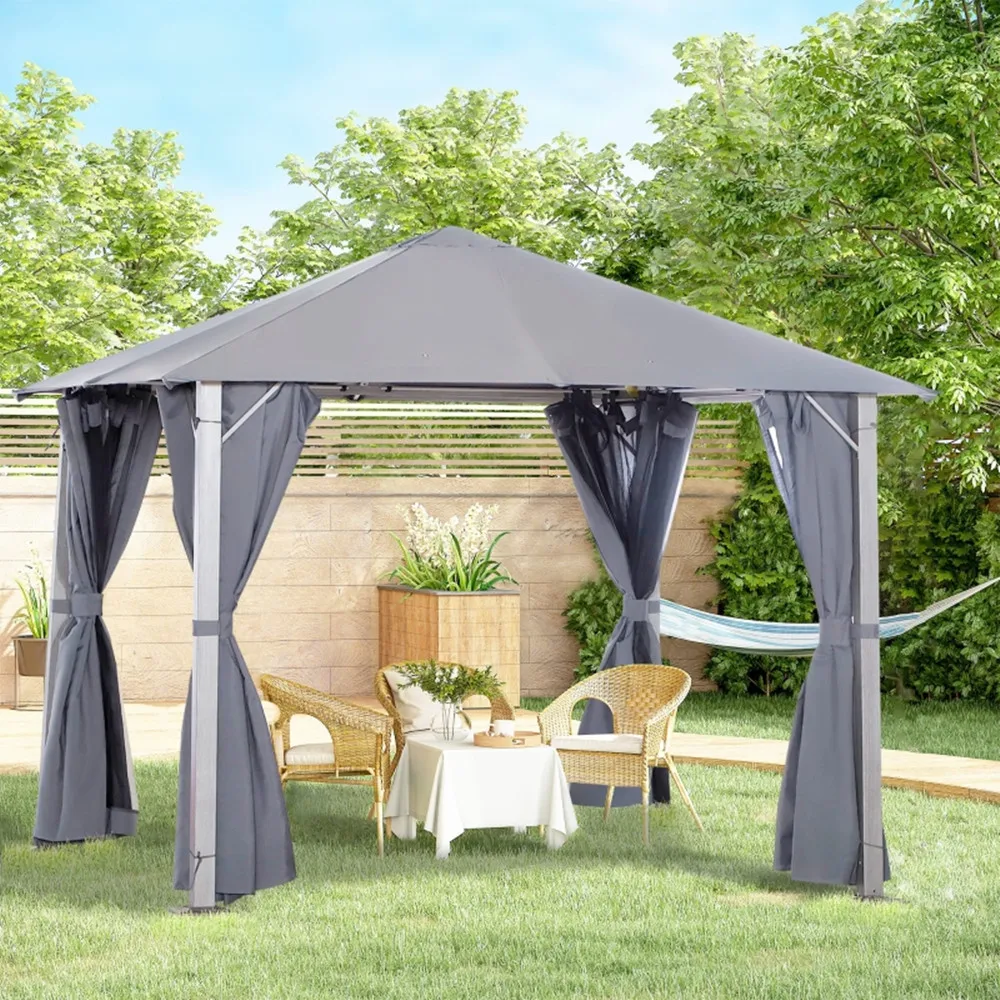 10x10Ft Patio Tent Gazebo Canopy Outdoor Yard Sun Shelter Garden Awnings Aluminum Gazebos Tents with Mosquito Net Mesh Grey