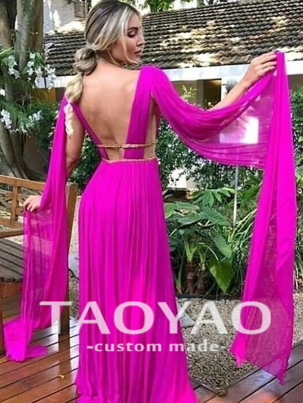 Gorgeous Sexy A-Line V-Neck Prom Dresses Lace Belt Evening Gown Charming Backless Party Dress Long Cap Sleeve New Robe De Soirée