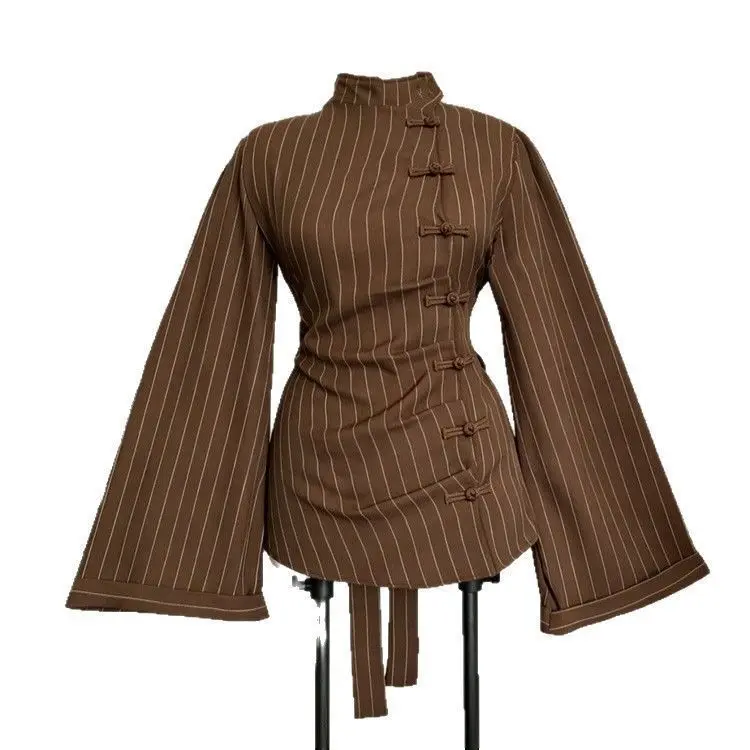 New Chinese Buckle Striped Placket Top Women's National Style Stand-up Collar Horn Sleeve Waist Lace-up Shirt