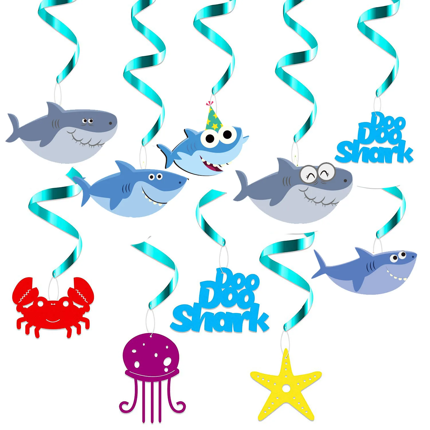 Cute Ocean Shark Theme Swirl Hanging Birthday Banner Cake Topper Balloon for Kids Under The Sea Birthday Baby Shower Party Decor