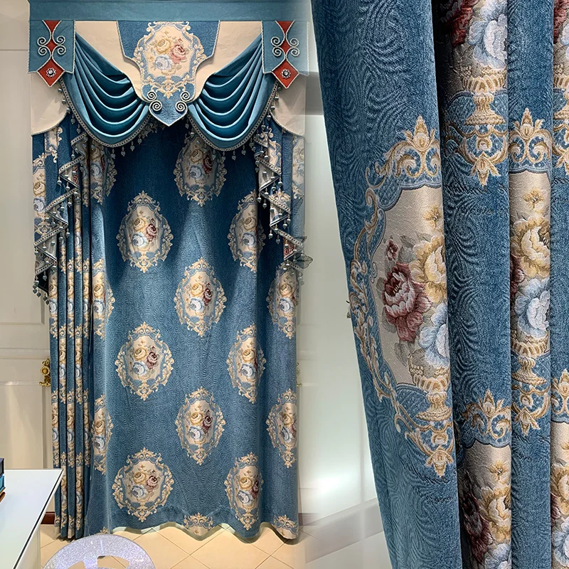 

Custom curtains new European luxury high-end chenille thick living room blue cloth blackout curtain tulle valance drape C941