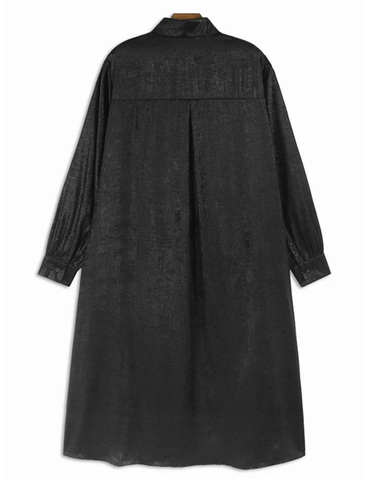 Women Black Buckle Vintage Irregular Big Size Midi Shirt Dress New Lapel Long Sleeve Fashion Spring Autumn