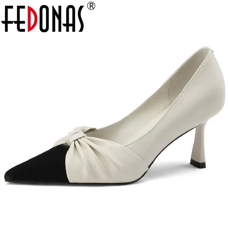 FEDONAS Elegant Women Pumps Butterfly Knot Genuine Leather Pointed Toe Thin Heels Shoes Woman Spring Summer Wedding Party Prom