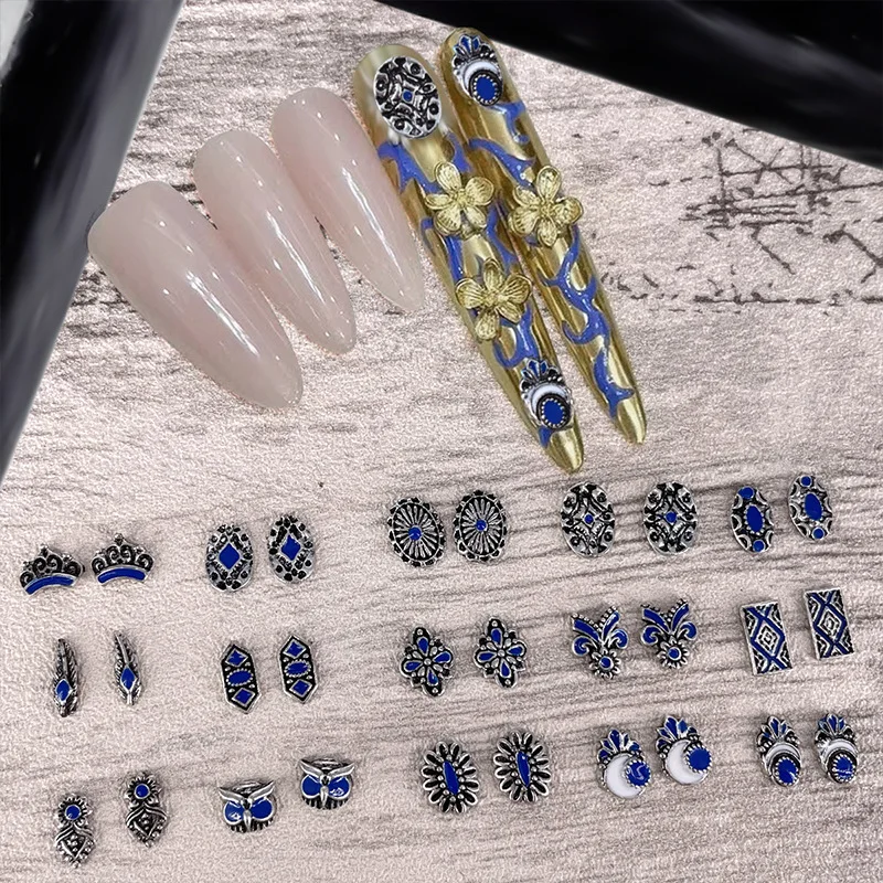 20OPCS Retro 3D Antique Silver Nail Art Charms Accessories Parts For Bohemian Nails Decoration Design Supplies Manicure Material