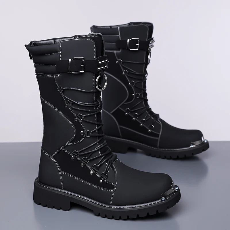 Botas de motociclista altas de cuero genuino para hombre, estilo punk gótico, diseño original, botas de vaquero con plataforma