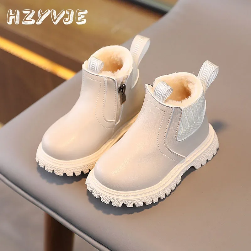 Winter New Kids Thick Plush Warm Boots Side Zipper PU Leather Waterproof Snow Boots Boys Girls Non-slip Plush Cotton Shoes