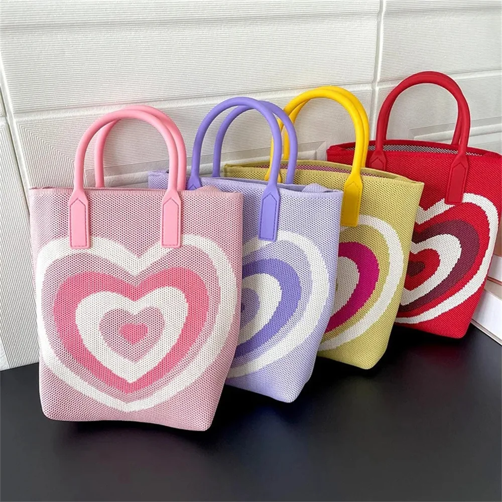 Fashion Knit Handbag Women Tote Shoulder Bag Heart Color Contrast Female Crossbody Bag Portable Ladies Beach Handbag ShoppingBag