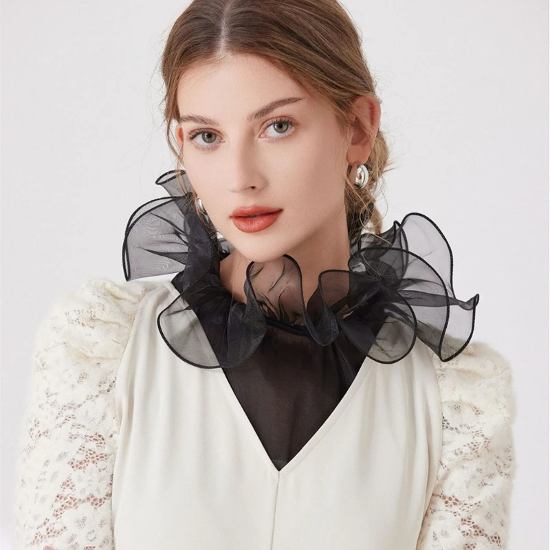

Sweet Tull Ruffle Collar Top High Collar Detachable Half Shirt False Collar Elegant Sheer Mesh Decorative Blouse Neck Accessory