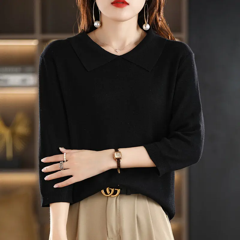 2024 Spring Summer Women Korean Fashion Polo Collar Elegant Knitwears Female Simple Casual Solid 3/4 Sleeve Loose Pullover Tops