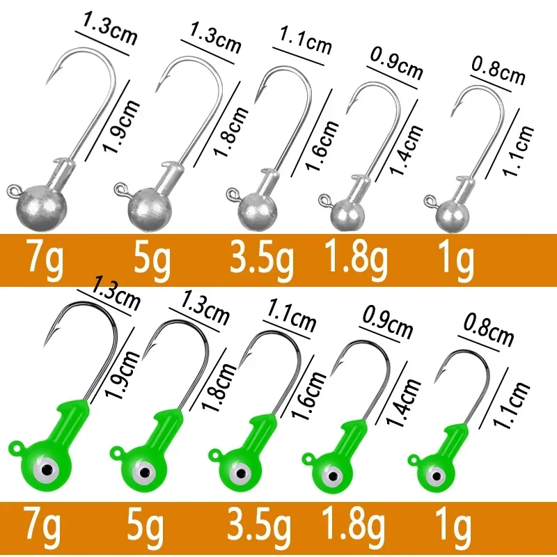 5 pçs manivela gabarito cabeça gancho 1g 1.8g 3.5g 5g 7g gancho de pesca cabeça chumbo gabarito isca dura macio minhoca gabarito gancho para pesca