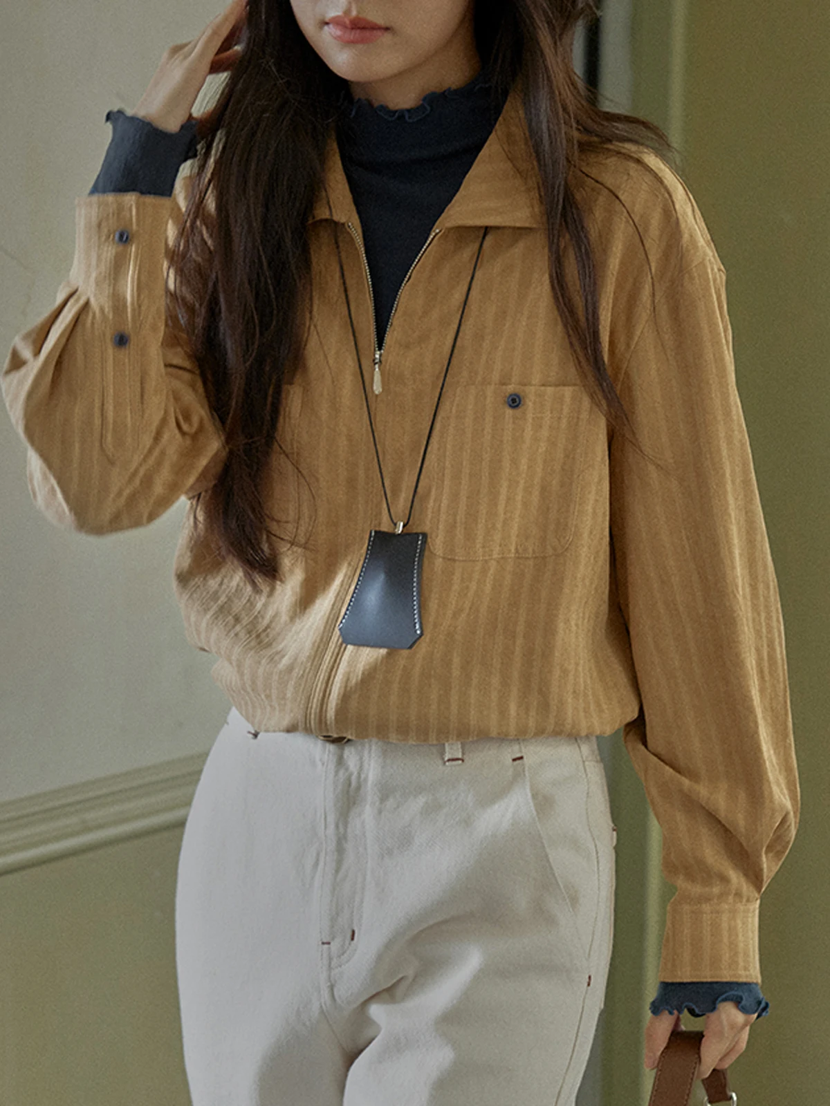 

Женская рубашка Solighter в ретро-стиле с полосками и молнией, с длинным рукавом, осенне-зимняя, новый дизайн, свободный крой, из полиэфирного волокна, для повседневной носки