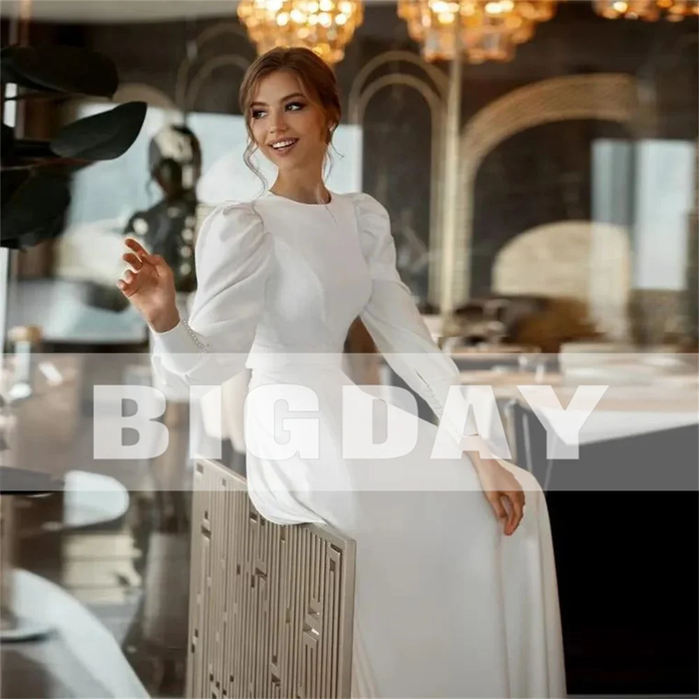 Elegant A-Line Wedding Dress Long Sleeve O-Neck Buttons Back Pleat Crepe Simple Custom Made Bridal Gown Train Vestidos De Noiva