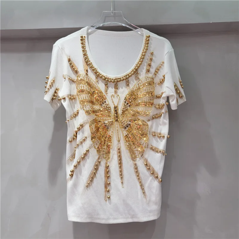 New Arrival 2024 Spring and Summer Beautiful Slimming Short-Sleeve T-shirt Women Heavy Industry Beads Butterfly White Tshirt Top