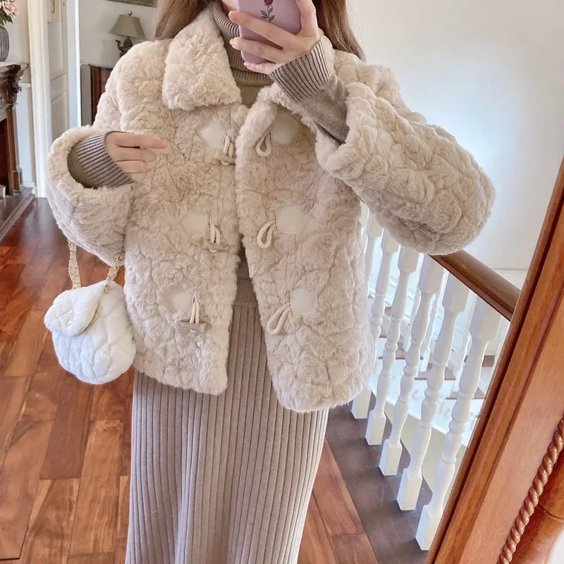 Winter White Faux Fur Coats Women Elegant Thick Warm Soft Furry Jacket Female Korean Style Horn Button Outwear Clothes New