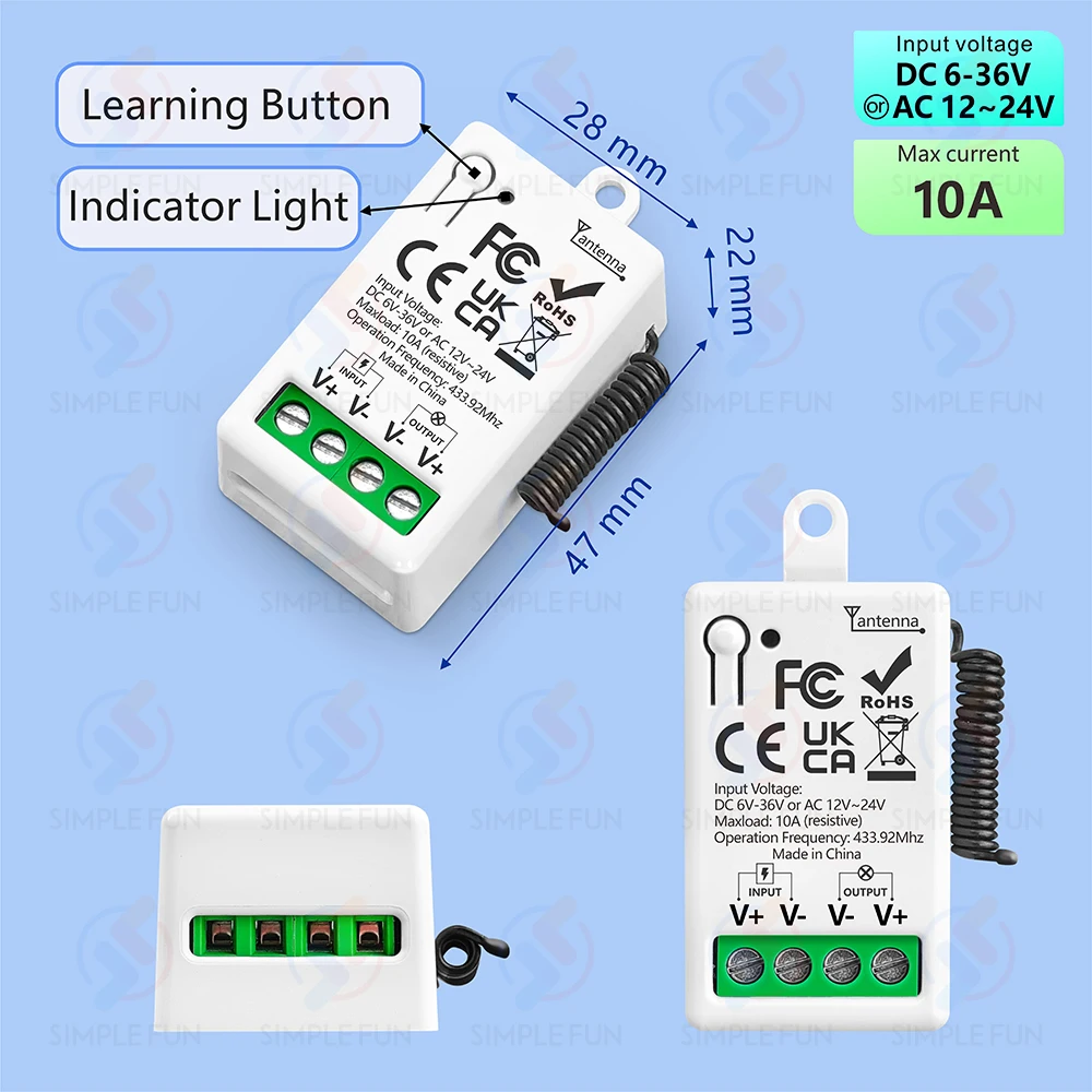 433Mhz DC 12V Bezprzewodowy zdalnie sterowany włącznik światła DC 6V-36V 10A Odbiornik przekaźnika Zasięg 50m, do pomp LED Wentylator Blokada magnetyczna ON OFF — zdjęcie produktu 6
