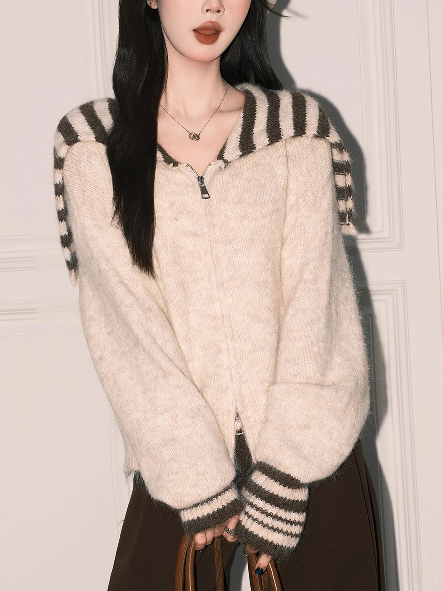 

Мягкий бежевый темно-синий вязаный открытый кардиган с двойной молнией и воротником, женский осенне-зимний свободный свитер Аосфера Jaet Long Sve...