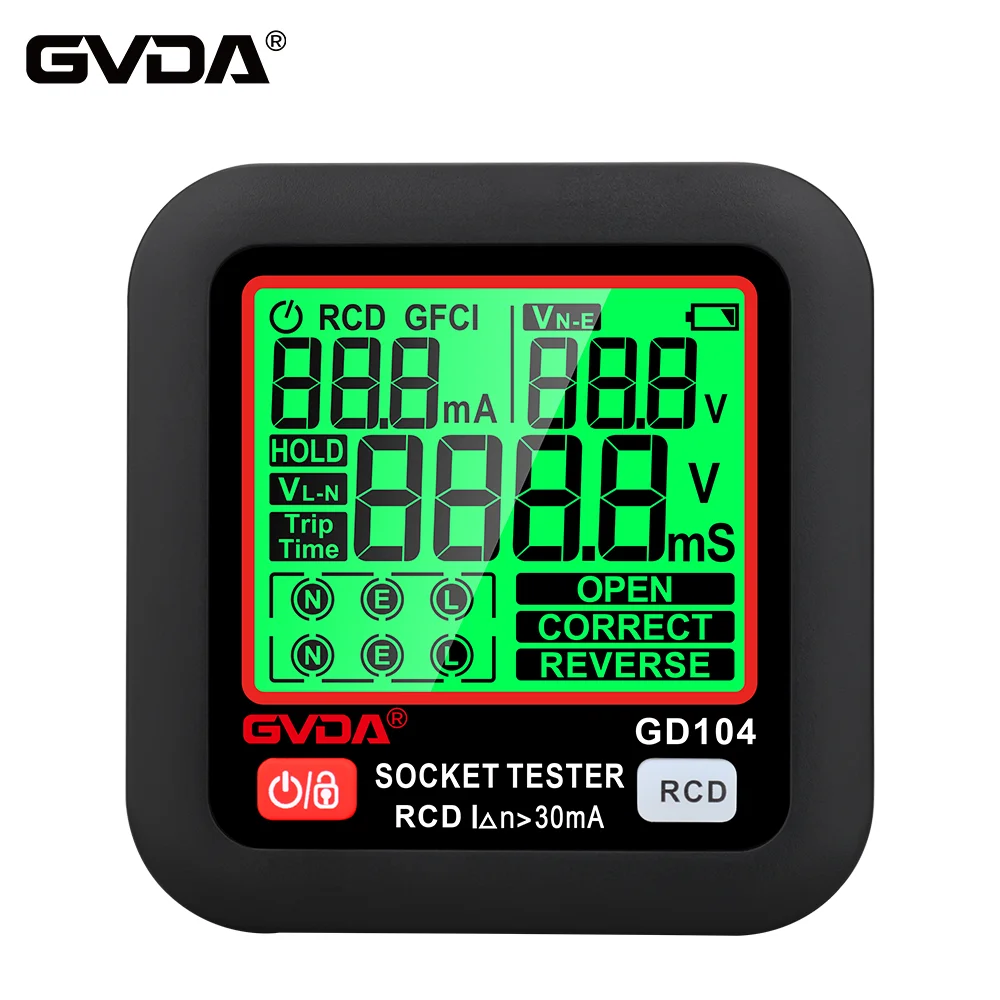 Gvda-digital Tomada Tester Disjuntor Elétrico Finder Terra Linha Neutra Verificação de Fase Rcd Vazamento Detecção de Tensão Plug ue