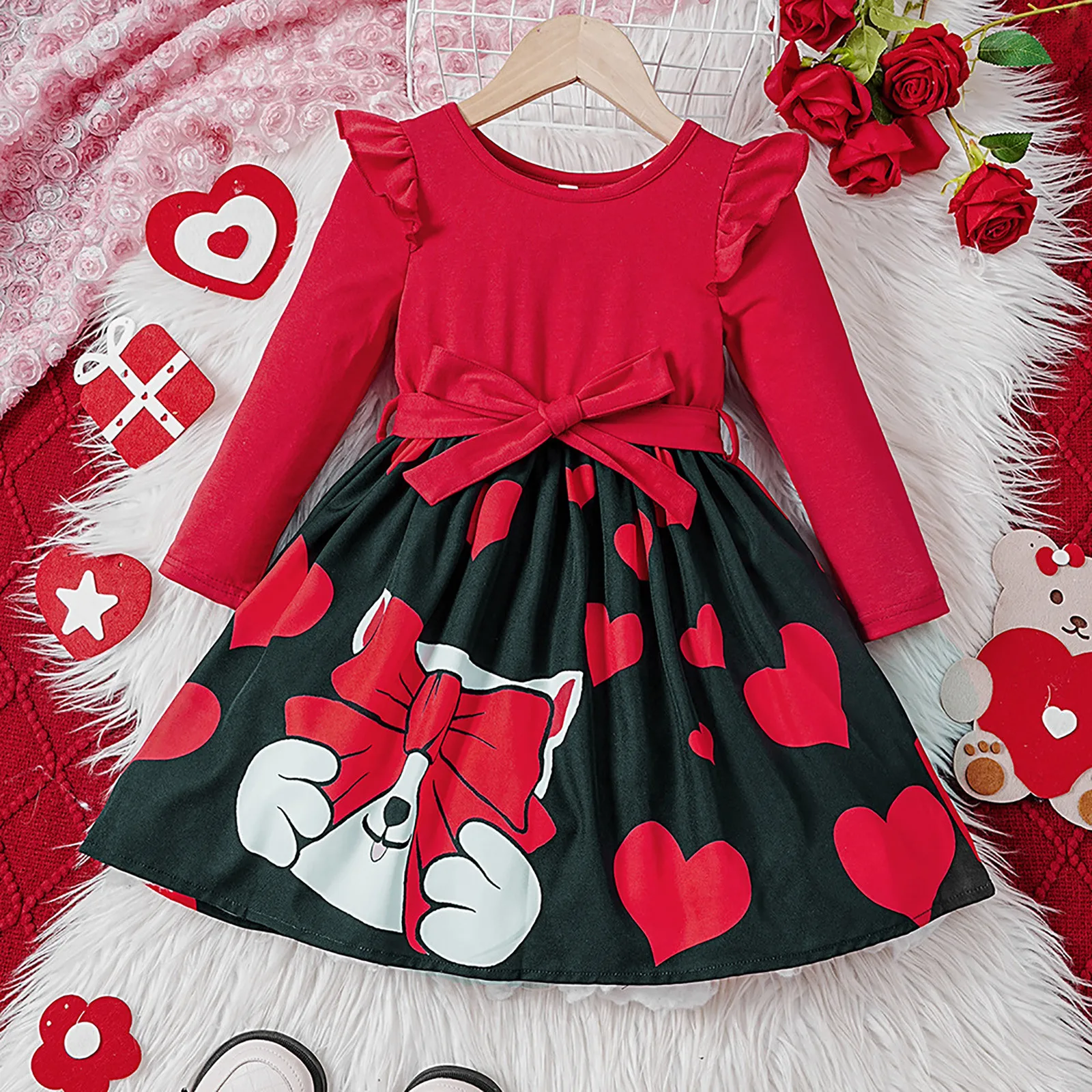 1-5Y Toddlers Valentines Dress For Girls Patchwork Red Heart Cat Print Bowknot Princess Dress Kids Girls Valentine's Day Clothes