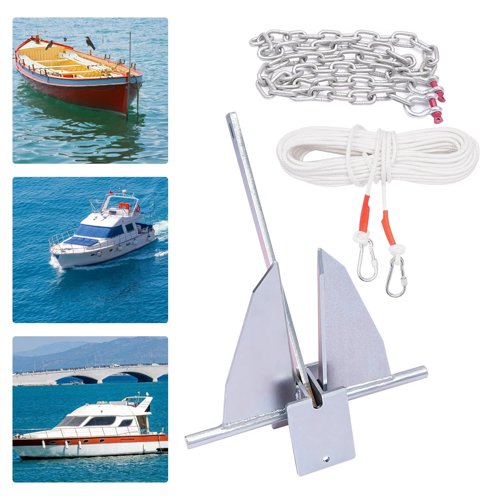 

13lb Fluke Anchor Set with 98ft Rope, 6.6ft Chain, Swivel & Shackles - Complete Marine Anchoring Solution
