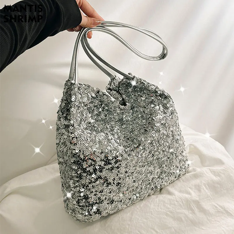 Women Bag Ladies Leisure Solid Color Totes Bag Large Capacity Sequins Handbag Luxury Sparkling Bucket Bag Women\'s Shoulder Bags