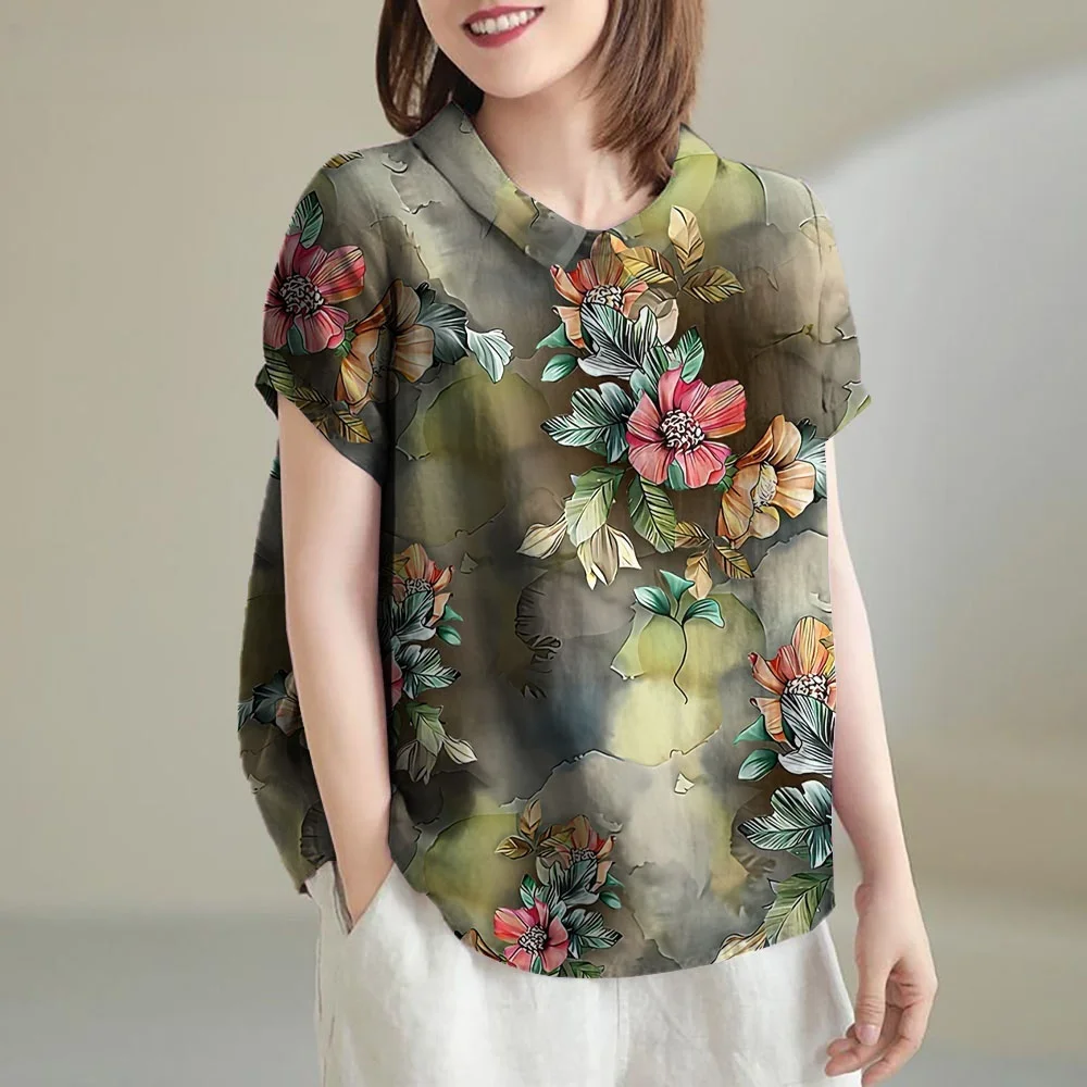 Женская летняя блузка, футболка с цветочным узором, новинка 2025 года, Гавайская блузка с коротким рукавом, модные повседневные пуловеры, женская одежда, топы