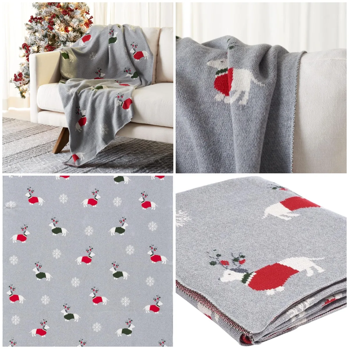 

Sleighbells Dog Grey/Red 50x60in Cotton Throw Blanket for Sofa Lounge Decor