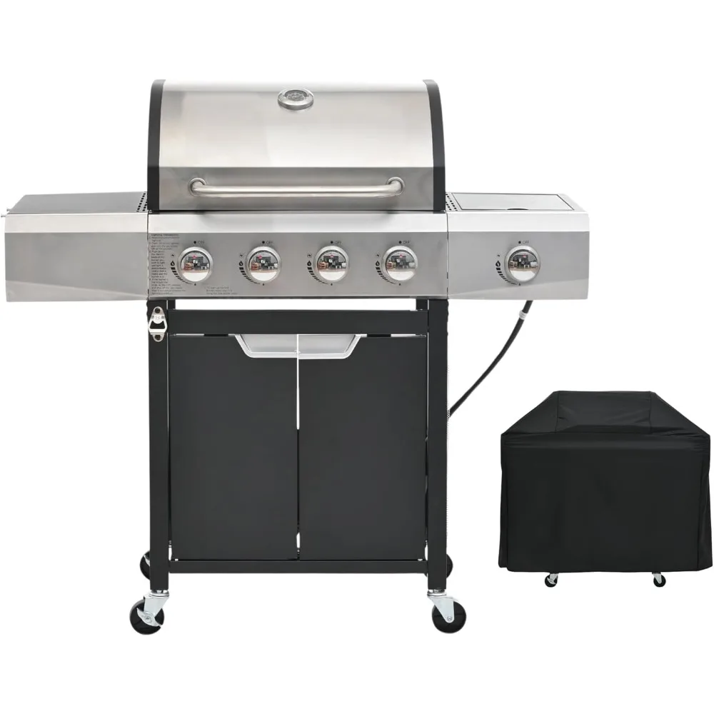 

US Propane Grill 4 Burner Barbecue Grill Stainless Steel Gas Grill with Side Burner and Cover for Outdoor BBQ, Camping