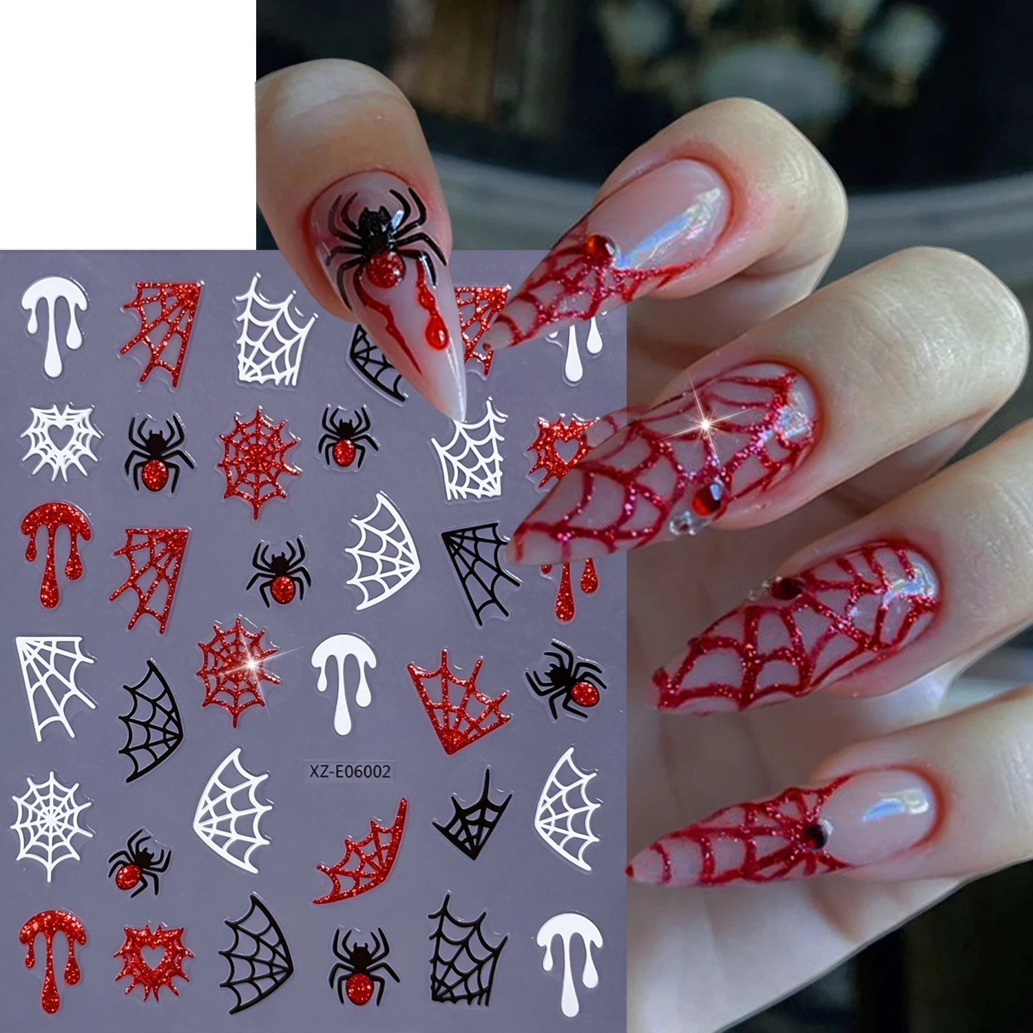 3D Blood Spider Web Red Glitter Halloween Nail Sticker Horror Spider Sparkly Cobweb Self-adhesive Manicure Decals DIY Festival#-