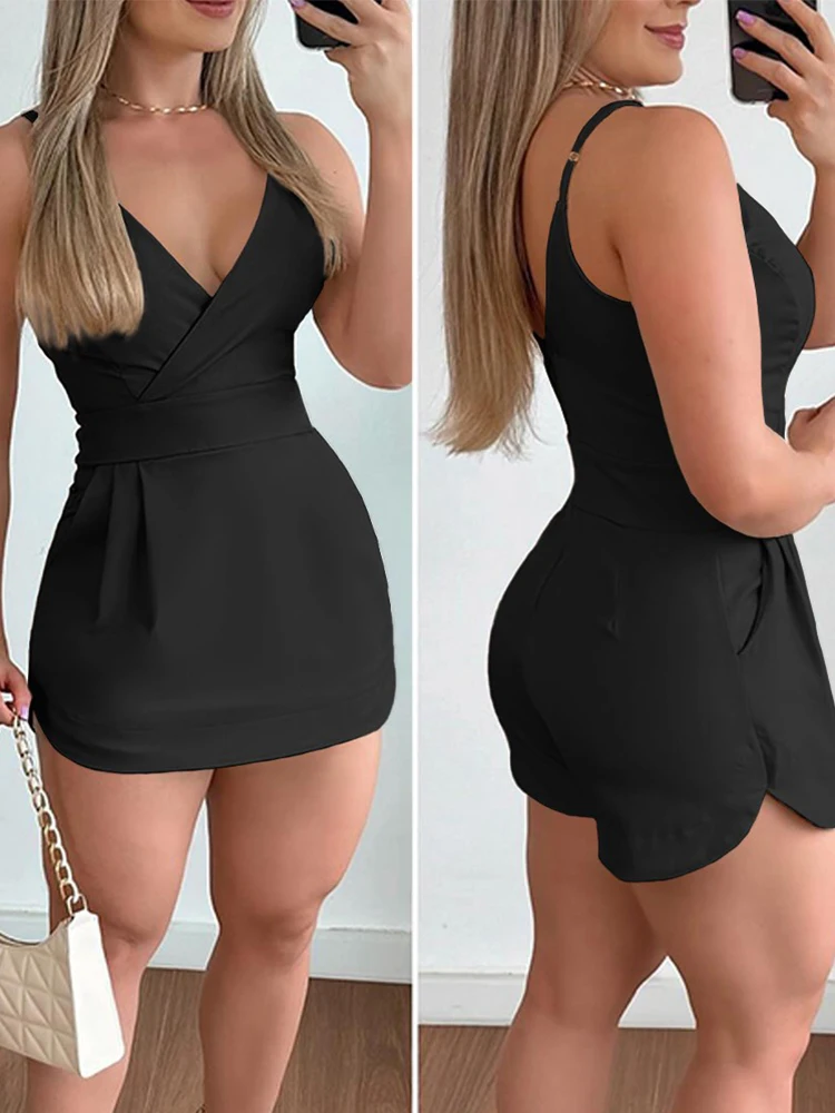 Plunge Sleeveless Ruched Pocket Design Romper