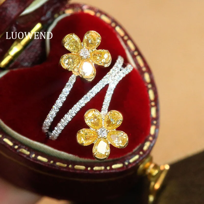 LUOWEND 100% 18K White Gold Rings Elegant Flower Shape Real Natural Yellow Diamond Engagement Ring for Women Fine Jewelry