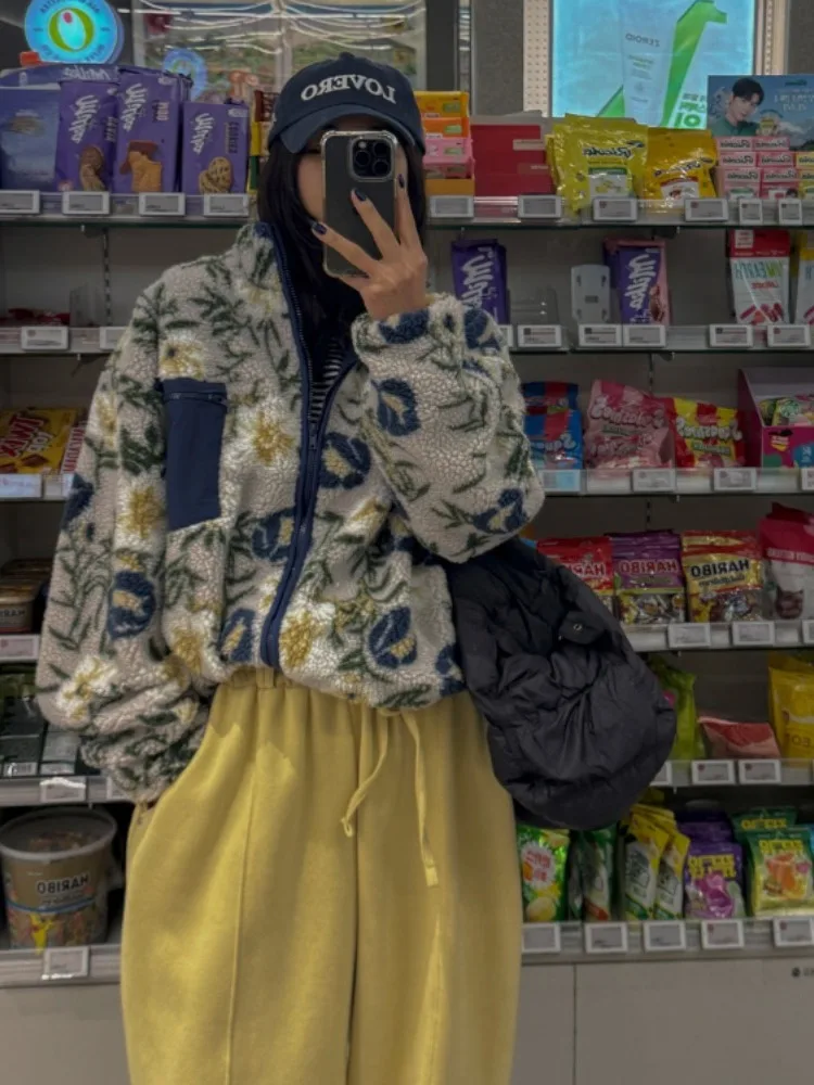 Chic Winter New Vintage Lamb Fur Floral Patchwork Color Coat Women Loose Nordic Sle Warmth Trendy Outerwear ort Jaet